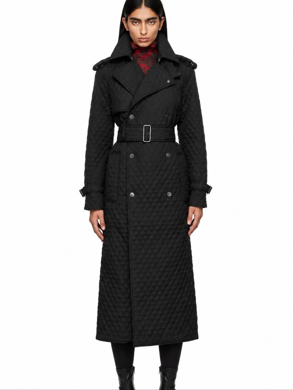 Burberry Black Full Quilted Belted Double Breasted Trench Coat Size XL